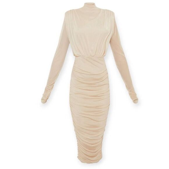 PRETTYLITTLETHING Nude Mesh High Neck Long Sleeve Ruched Skirt Midi Dress SZ 2 E - Picture 5 of 8
